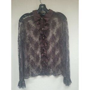 Boston Proper Womens Button-Front Ruffle Floral Lace Top Long Sleeve Sz 10 Brown